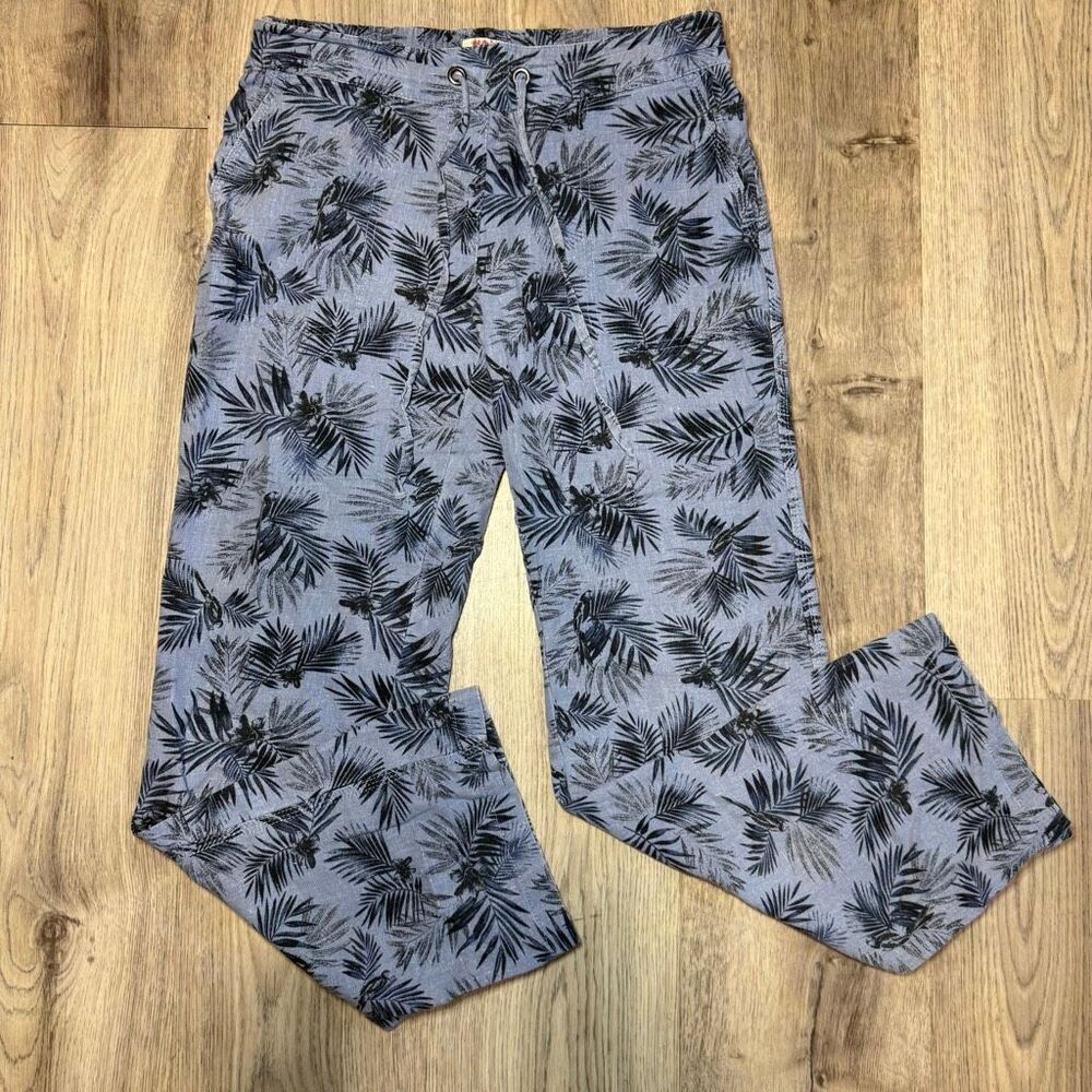 Per Se Small Palm Leaves Beach Linen Blend Pull On Straight Leg Casual Pants